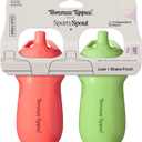 Tommee Tippee Insulated 9oz Sporty Spout Toddler Water Bottle, No Spill, Sippy Cups for Toddlers 1-3, Two-Piece Valve Helps Stop Spills, Green & Red, BPA Free, Pack of 2