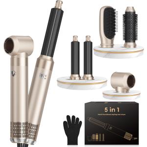 5 in 1 Hair Dryer Brush Set,Professional Negative Ionic Hot Air Styler, Air Curling Wrap Styler,Detachable Blow Dryer Brush With Auto Wrap Curlers,Hair Styling Tools For Straight/Curl/Drying/Smoothing (Champagne Gold)