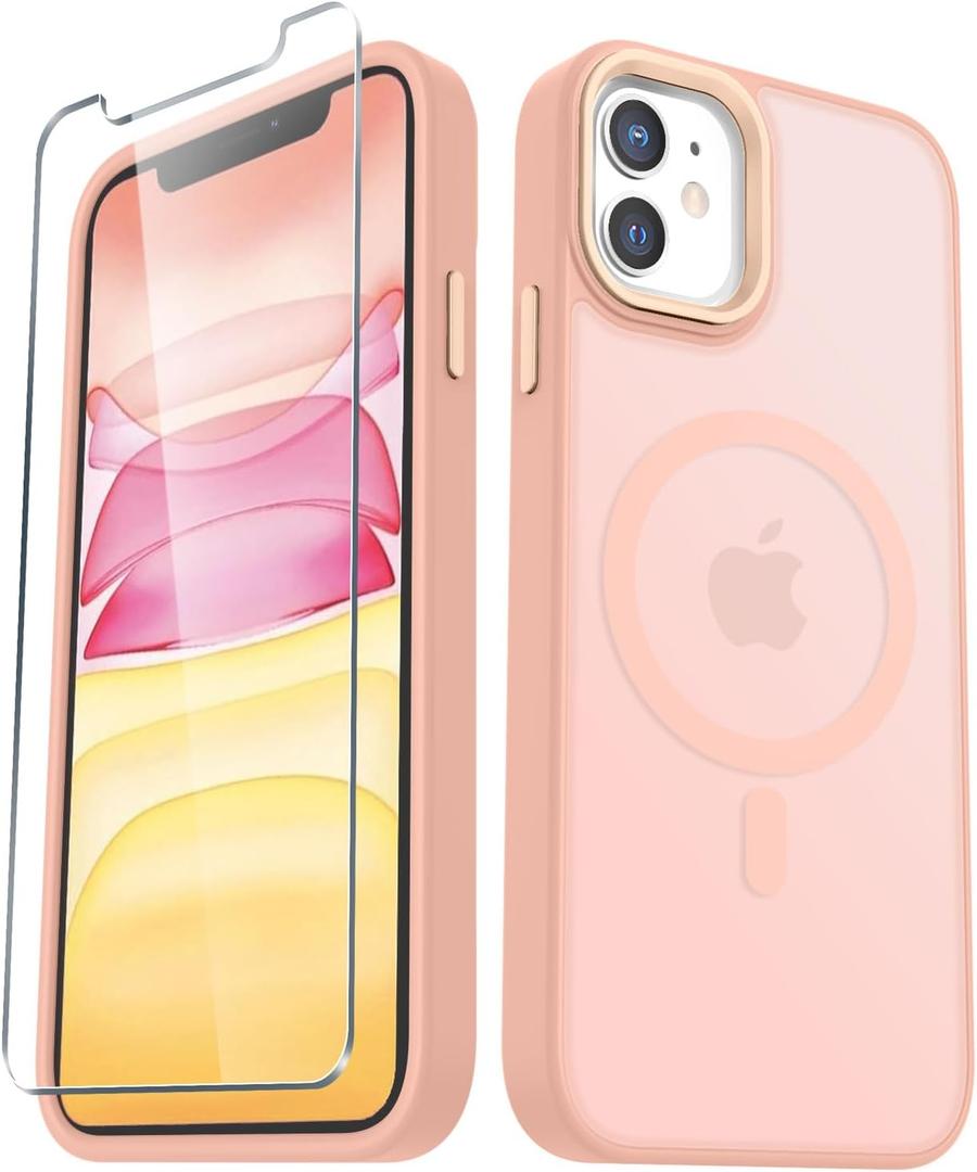 for iPhone 11 Case, Matte Magnetic Phone Case with 1 Screen Protector, Compatible with Magsafe, Translucent Frosted Slim Shockproof Protective Cover for iPhone 11 6.1 inch, Pink
