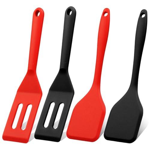Mini Silicone Brownie Serving Spatula Set Flexible Non Stick Serve Turner Heat Resistant Cooking Spatula for Flip Eggs Crepe Steak Pizza Kitchen Utensil (Red, Black)
