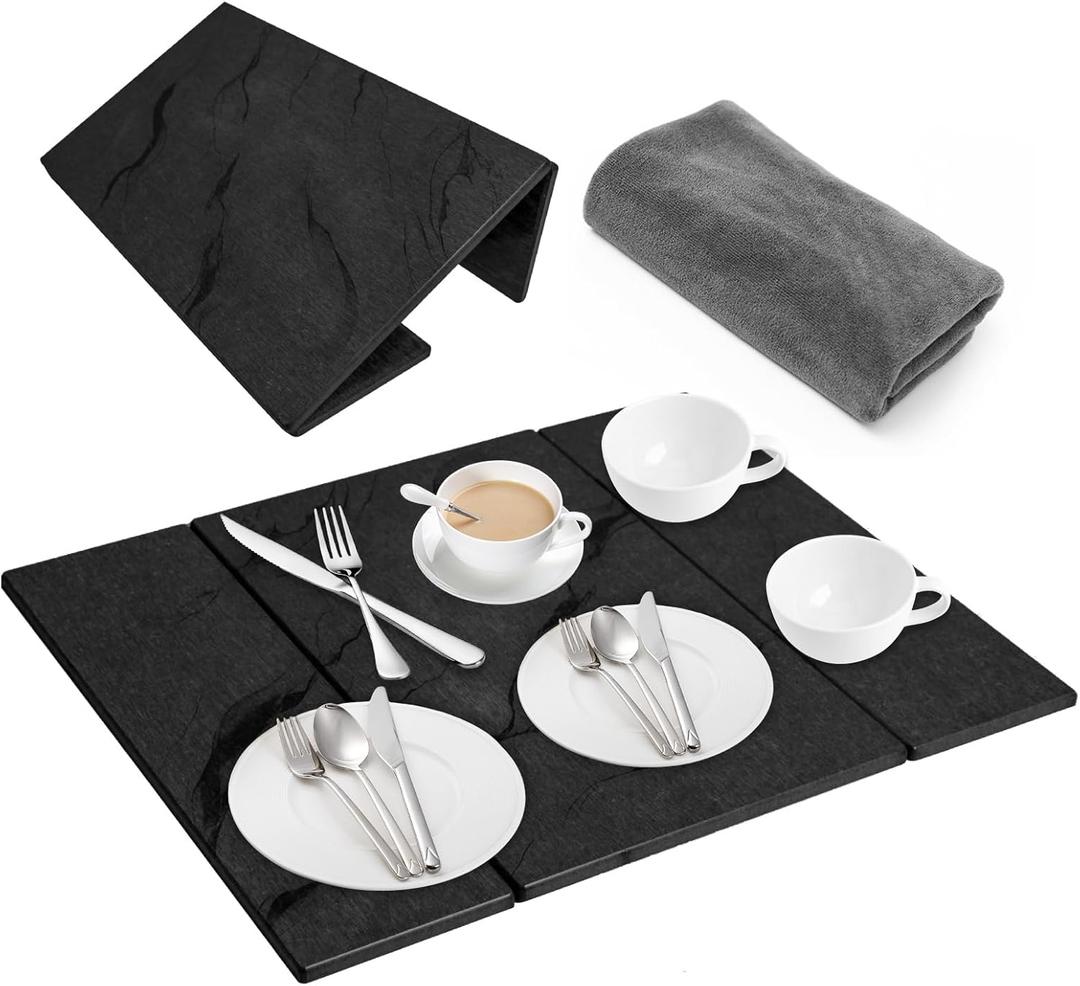 Dish Drying Mat Large Stone Dish Drying Mat For Kitchen Counter Collapsible Quick-Drying Sleek Diatomaceous Versatile Stone Drying Mats For Cups Dishes Bottles Marble (black, 16"19")