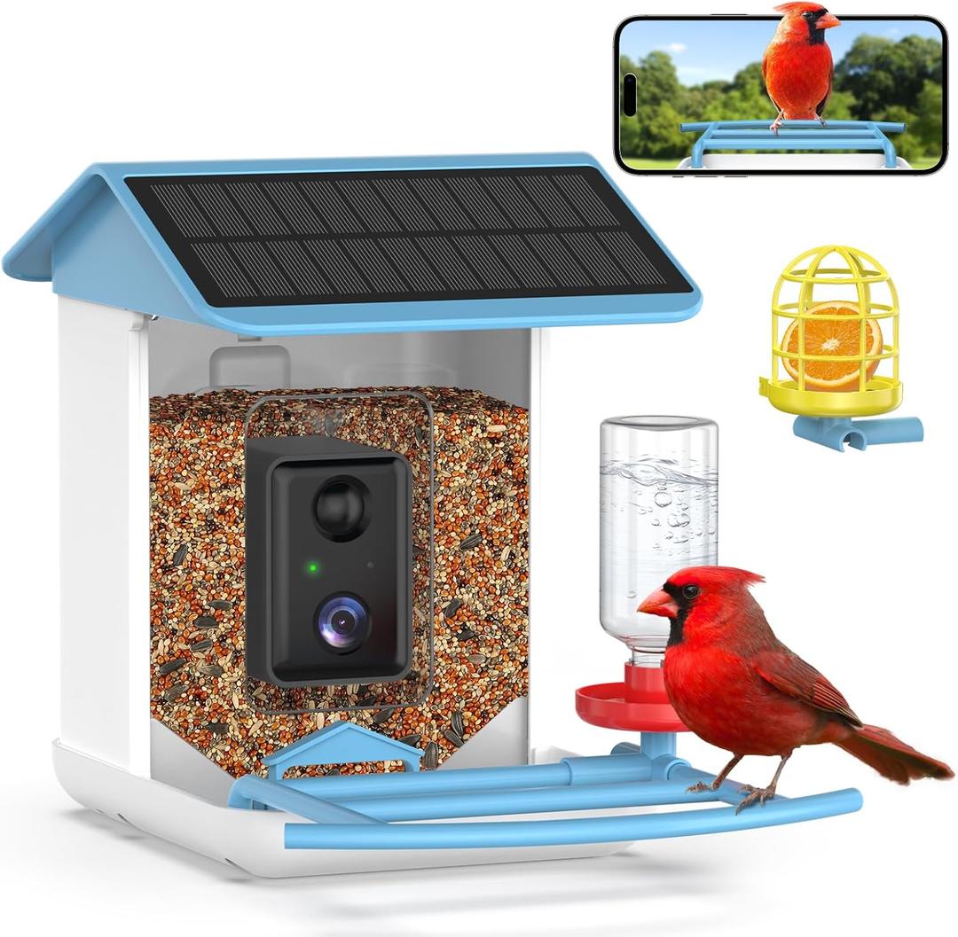 Bird Feeder with Camera, Free AI Forever for 11,000+ Species, 64G TF Card & 1080P HD, Solar-Powered Wireless Outdoor Design, App Alerts & Two-Way Audio for Garden (Sky Blue) (BF002)
