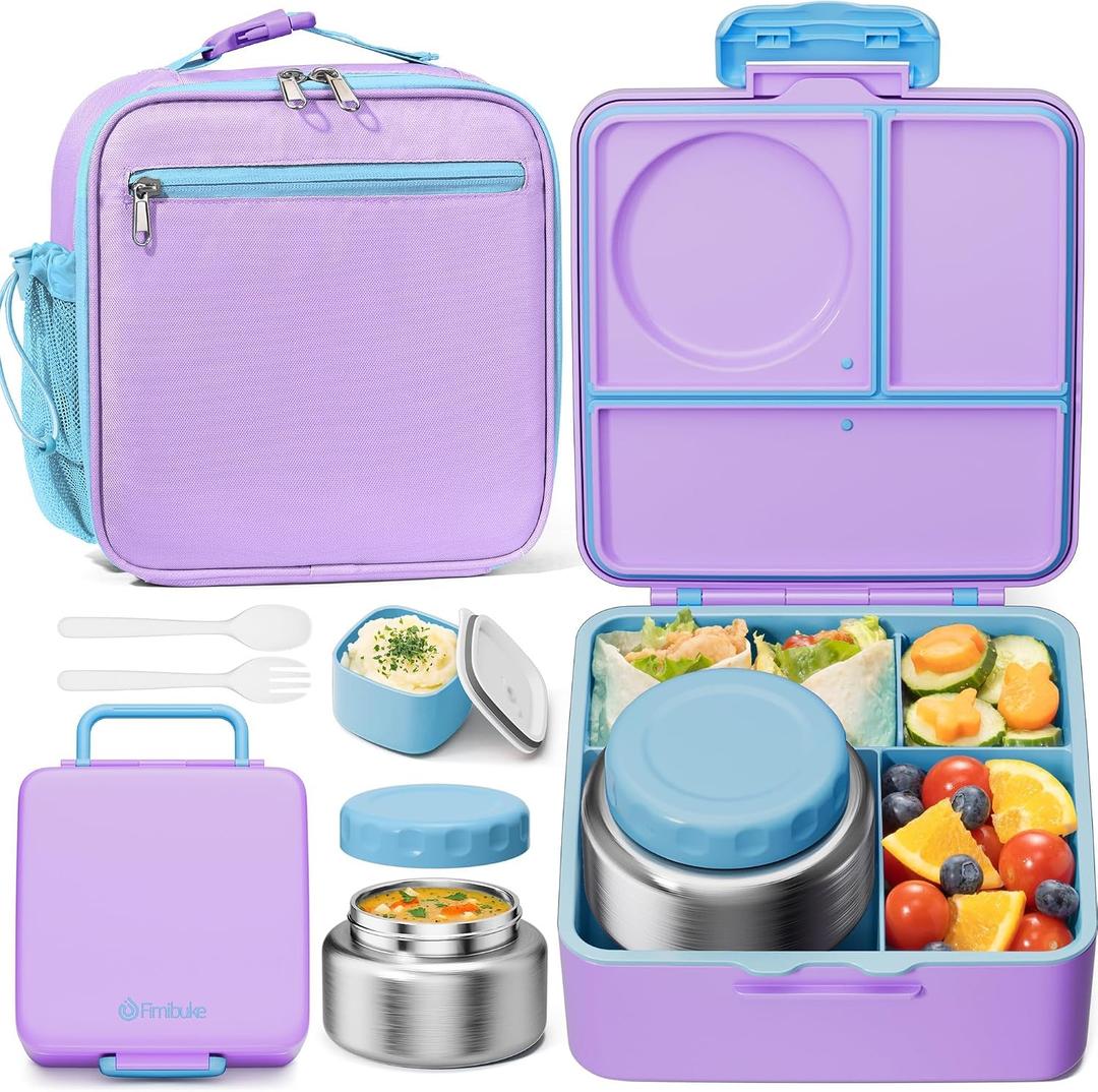 Fimibuke Kids Bento Lunch Box with Thermo, Leakproof Toddler Bento Box with 8.5OZ Insulated Food Jar, Lunch Bag & Utensils BPA Free Dishwasher Safe 3 or 4 Compartment Container for School Girls Boys