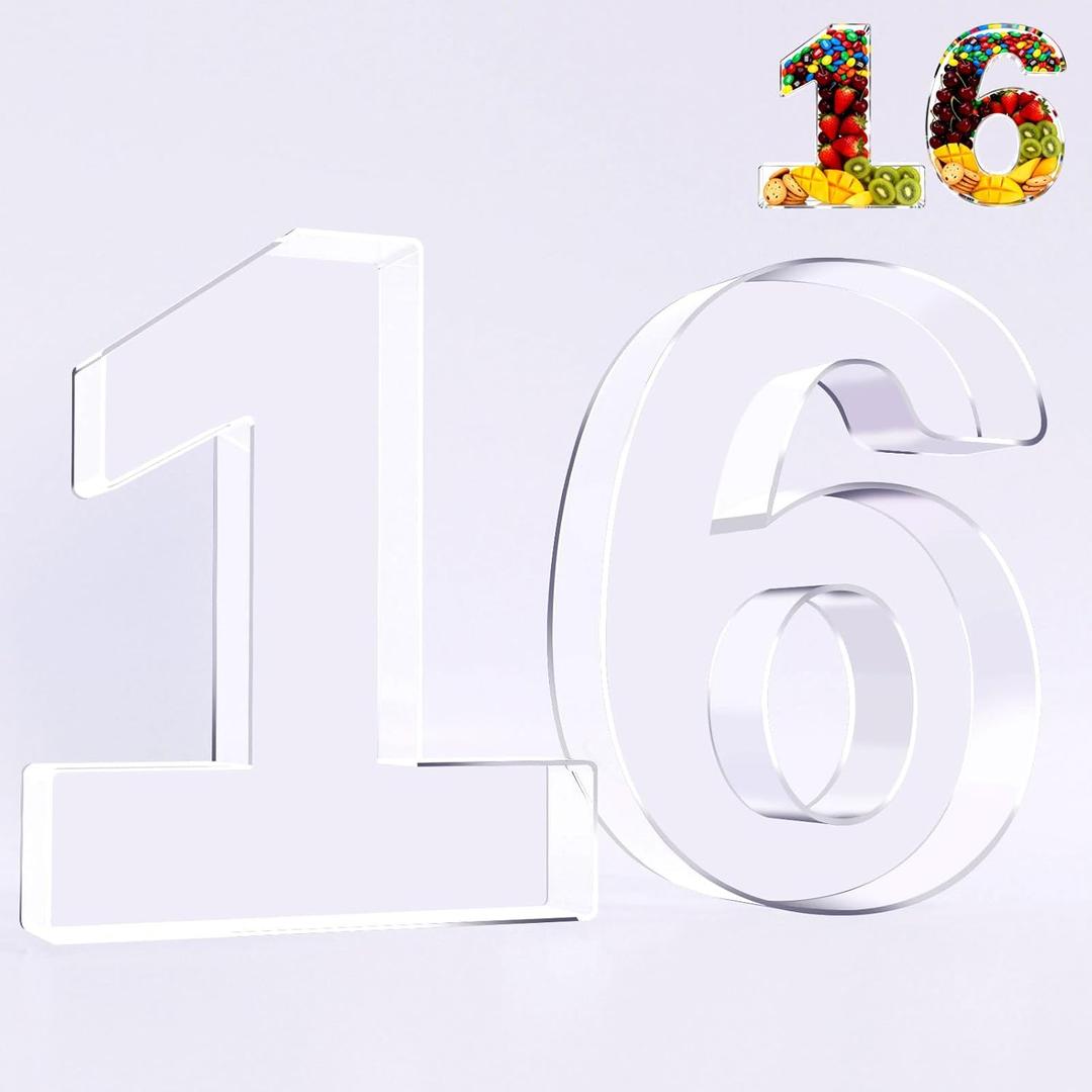 Ledido 10’’ Acrylic Number Charcuterie Board Box, Reusable Fillable Serving Tray for Candy Cake Fruit Snack, Easy-Clean Acrylic Charcuterie Tray for Birthday Anniversary Party Decorations, Number 16