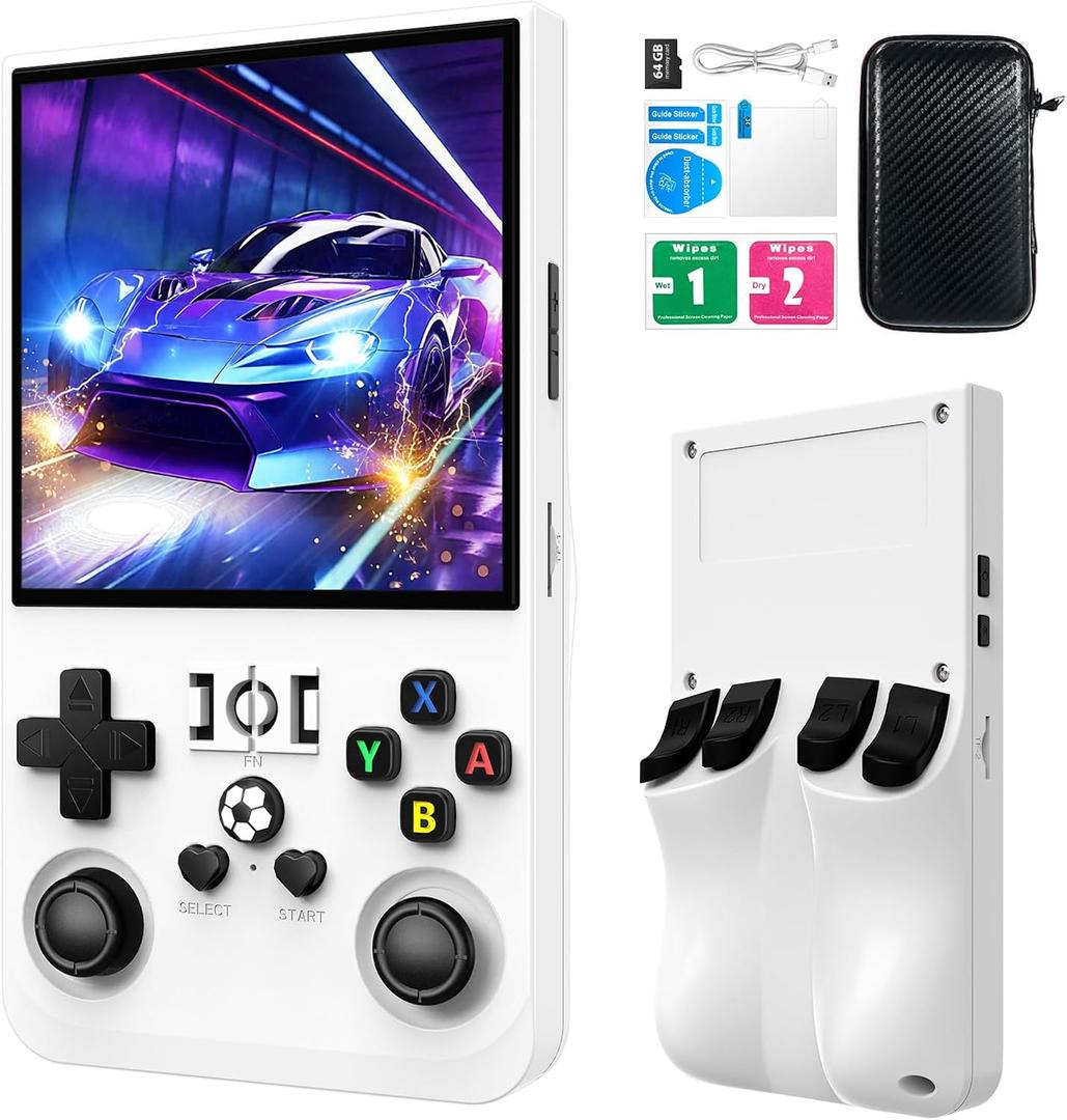 R36MAX Retro Handheld Games Console, Retro Game Console with 4.0 inch IPS HD Screen, Video Game Consoles with 64GB Memory, Portable Gaming Player for Travel, Gift for Teen or Partner, White