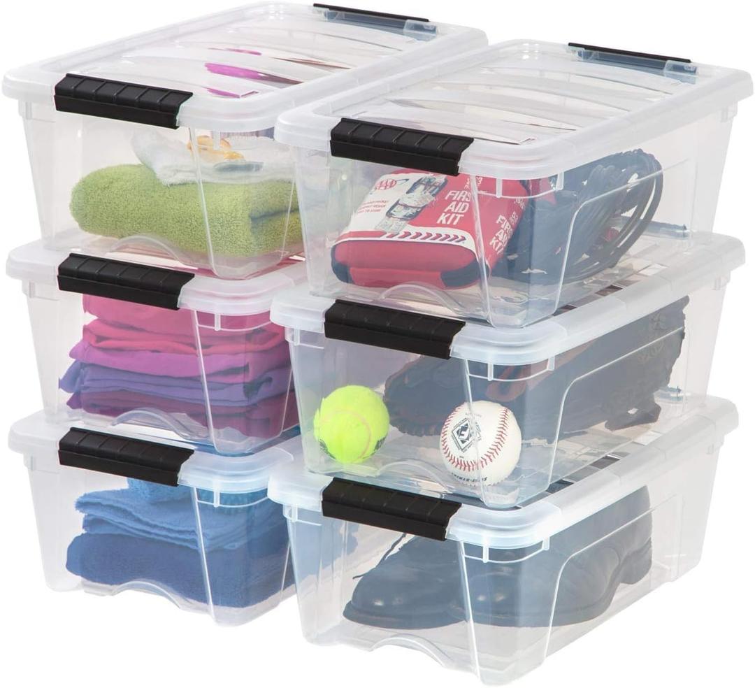 IRIS USA 13 Qt Stackable Plastic Storage Bins with Lids, 6 Pack - BPA-Free, Made in USA - See-Through Organizing Solution, Latches, Durable Nestable Containers, Secure Pull Handle - Clear (13 Qt. - 6 Pack)