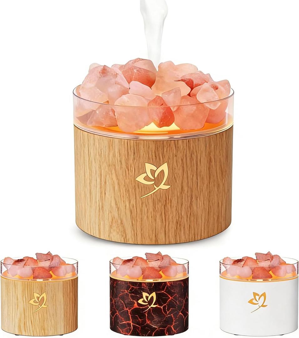 4-in-1 Ultrasonic Crystal Salt Stone Aromatherapy Diffuser & Humidifier - 7-Color LED Dreamy Flame Light, Auto Shut-Off, 2 Modes | Home/Office/Yoga (Wood Grain)