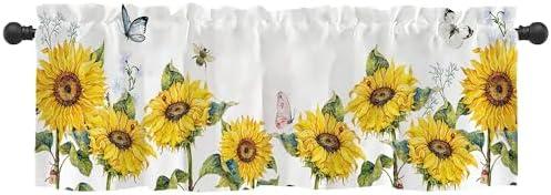 Vibrant Sunflower Window Valance for Bedroom Living Room, Yellow Sun Flower Curtains Valanes for Windows, 3" Rod Pocket Window Treatment for Animal Summer Home Decorations, 54 x 18 Inch, 4 Pack