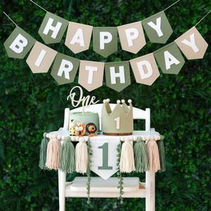DCJHFJ Wild One High Chair Banner Felt Green Happy Birthday Banner Pre-Strung Birthday Party Decorations for 1st Birthday Decorations Boy