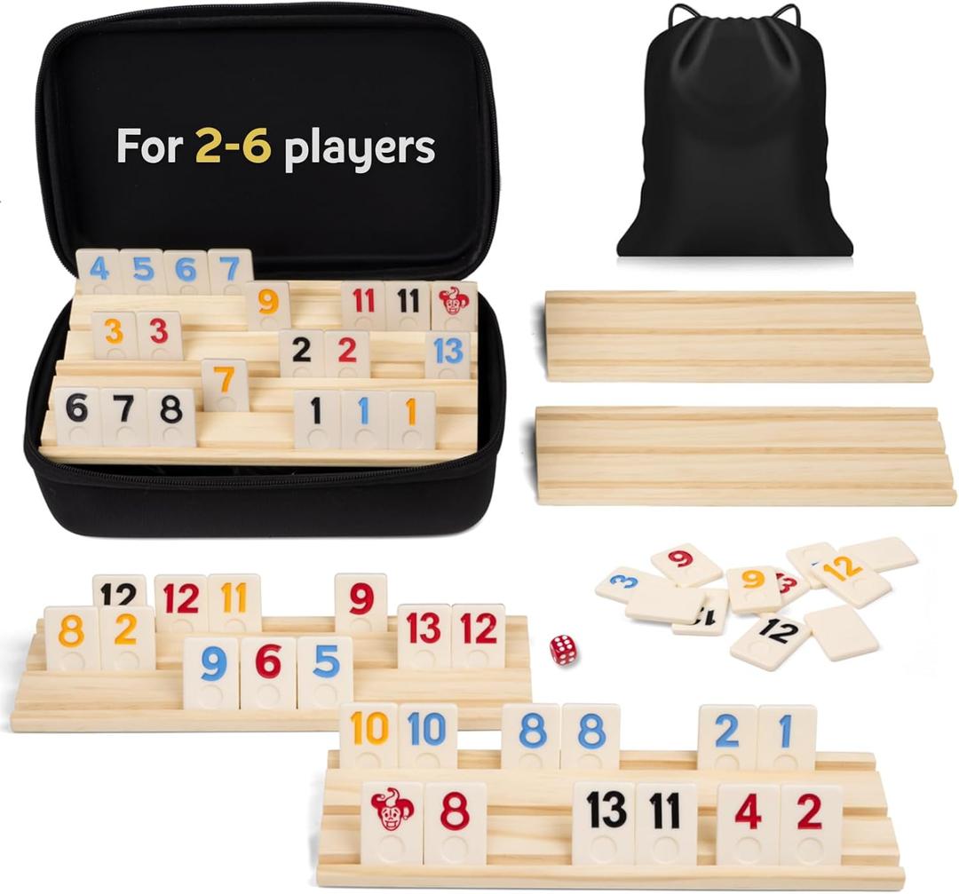 Amazing Pride Upgraded 2-6 Players Rummy Cube Game with 6 Wooden Racks, 160 Tiles, Drawstring Bag, Premium Portable Zippered Case