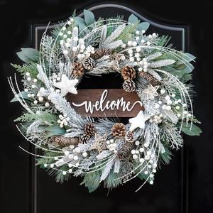 24 Inch Winter Wreaths for Front Door Outside- Pinkpuii Artificial Outdoor Christmas Wreath with Pinecones,White Berries and Welcome Sign,Xmas Holiday Winter Decorations for Home Farmhuse Door Decor