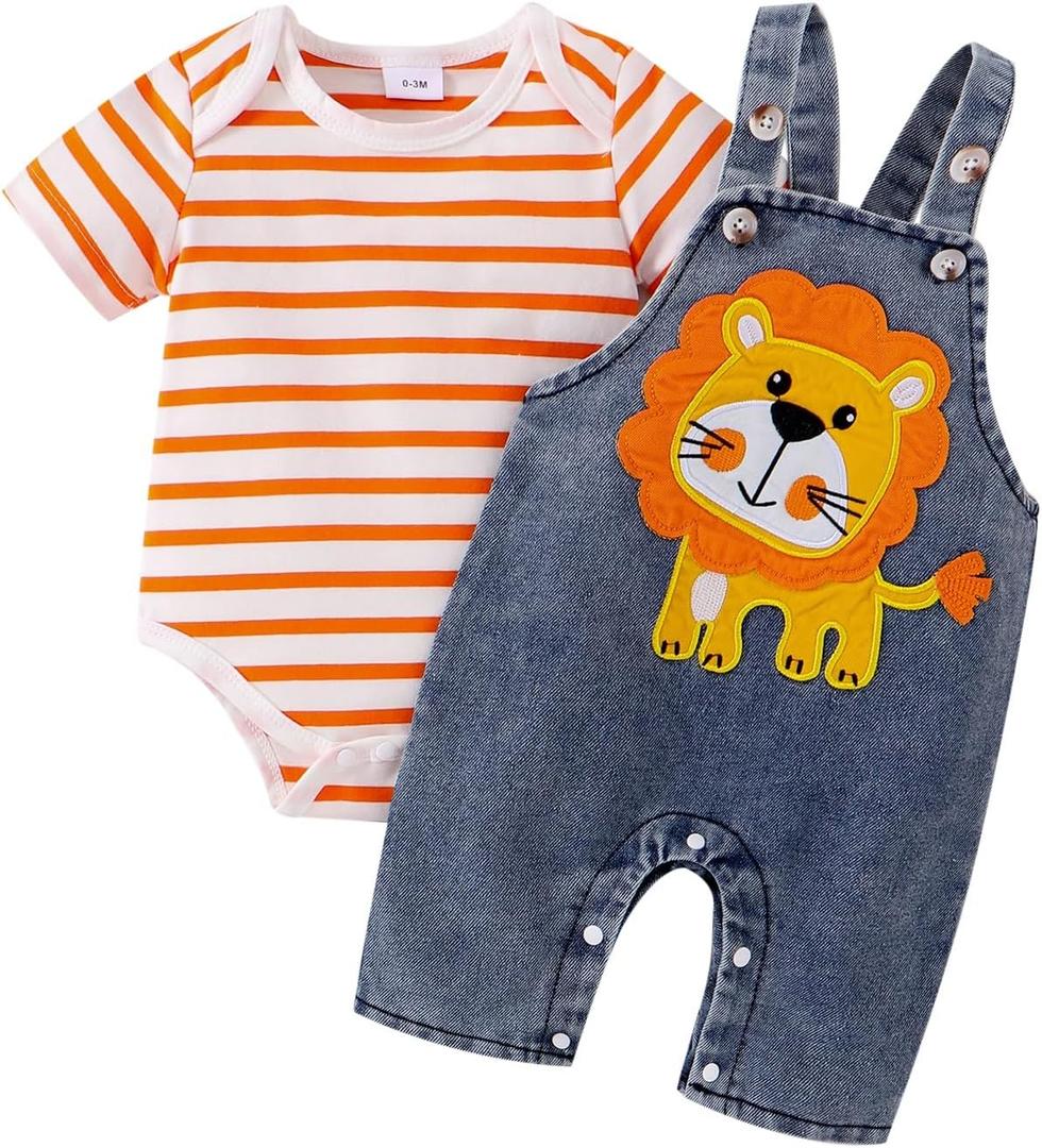Baby Boy Clothes Newborn Striped Romper Summer Outfits + Infant Cartoon Animals Jeans Suspender Overalls 0-18 Months (Orange)