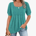 Zwurew Women's Summer Casual Puff Short Sleeve T-Shirts Square Neck Pleated Flowy Trendy Tunic Tops for Leggings Size L