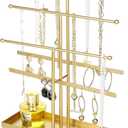 MyGift 5-Tier Gold Metal Jewelry Organizer Stand with Earring Hooks & Ring Tray - T-Bar for Tangle-Free Necklace Bracelet Display - Home Store Boutique (16.25" H)