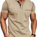 Aulemen Men's Henley Shirts Short Sleeve Casual Lightweight Slim Fit Basic Button T-Shirt with Pocket (Medium, Khaki)