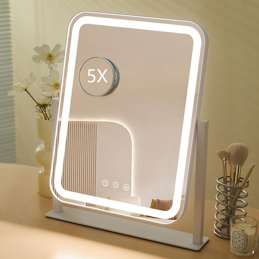 HIEEY Vanity Mirror with Lights, Makeup Mirror with Lights, Three Color Lighting Modes, and 5X Magnification Mirror, Smart Touch Control, 360Rotation (16.73" x 13.38" White,Gift Box)
