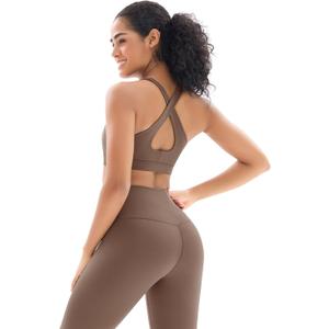 Workout Sets for Women High Waisted Leggings with Cross Back Sports Bra 2 Piece Gym Outfits Yoga Gym Clothes (Large, Coffee)