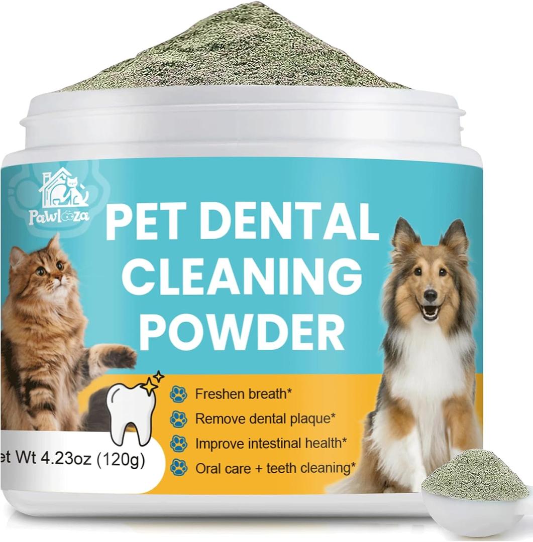 Pet Dental Powder for Dogs and Cats - Dog Teeth Cleaning Powder for Breath Freshener, Oral Care with Natural Herbal Blend & Tartar Remover for Dogs, Dog Teeth Cleaning + Postbiotics (60 Servings), EXP: 04/27/2027