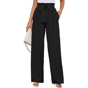 KORSIS Women's Wide Leg Lounge Pants Lightweight High Waisted Loose Work Elastic Casual Outfits Trousers with Pockets (Large, Black)