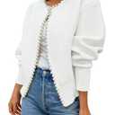 ZESICA Women's Open Front Cardigan Sweater 2026 Spring Casual Knitted Long Sleeve Pearls Trim Outerwear Coat Trendy Clothes White Medium