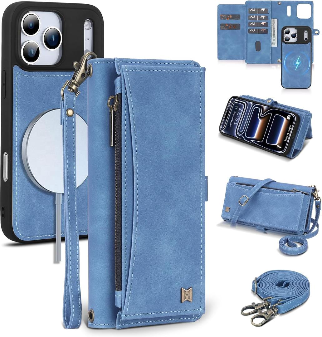 Wallet Case for iPhone 17 Pro with Card Holder/Crossbody Wallet/Strap,[RFID Blocking][Magnetic] PU Leather Phone Case for iPhone 17 Pro,6.3 in,Dream Sky Blue