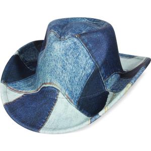 Tie Dye Denim Patchwork Cowboy Hat for Women Men Western Wide Brim Costume Party Hat (7-7 1/4, Dark Blue)
