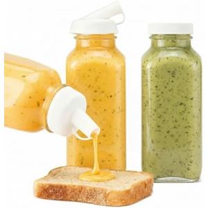 Ferrochef 2 Pcs 10 oz Salad Dressing Shaker Glass Dispenser with Silicone Pour Spout and Tamper-proof Lid Refillable Salad Dressing Dispenser Mixer Shaker for Sauces Ketchup Sour Cream Syrup