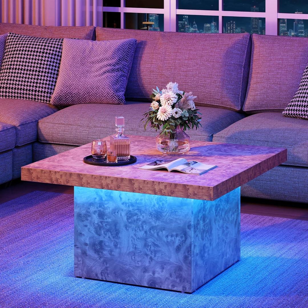 YITAHOME Coffee Table for Living Room, Coffee Tables with LED Lights, Square Cocktail Center Table with Sturdy Wooden, Easy Assembly,Brown