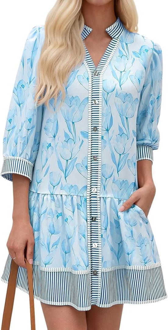 Wenrine Women's Floral Boho Mini Dress 3/4 Long Sleeve V Neck Casual Button Down Shirt Dresses (Blue, S)