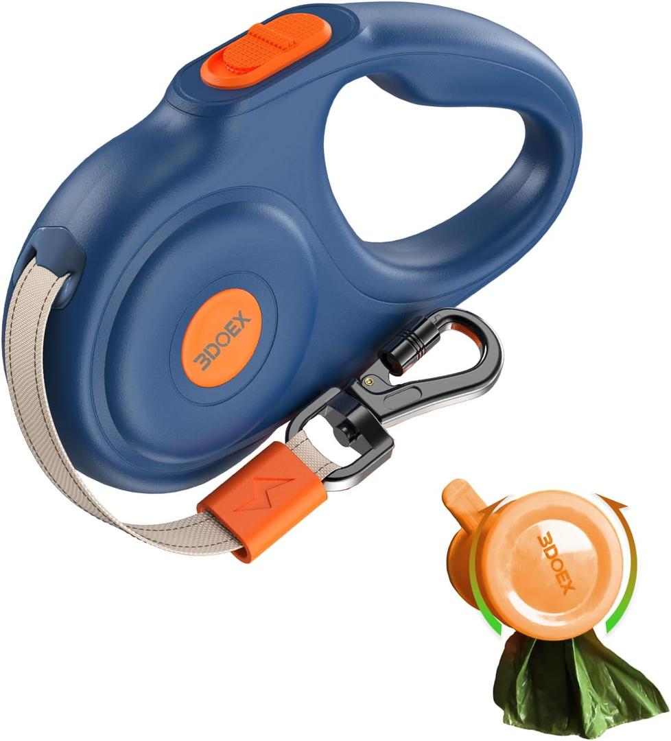 Retractable Dog Leash 16FT for Small & Medium Dogs, Sturdy Heavy-Duty Nylon Tape with Secure Locking Carabiner & Poop Bag Holder, Smooth One-Hand Control, Anti-Slip Handle, Tangle-Free Design (Blue)