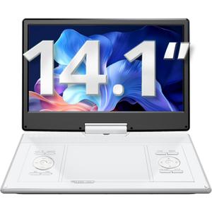 YOTON 16.9" Portable DVD Player, 4-6 Hours Rechargeable Built-in Battery, 14.1" HD Swivel Screen, Dual Stereo Speakers, USB/SD/AV/Audio/Gamepad Support -White [Not Support Blu-Ray]