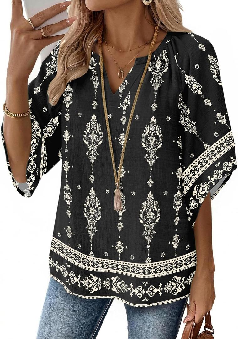 Zeagoo Womens Tops 3/4 Sleeve V Neck Bohemian Blouses Casual Loose Fit Tunic Boho Shirts Floral Printed Clothes (Black, XL)