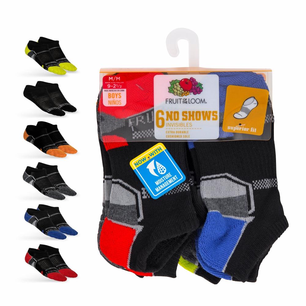 3 x Fruit Of The Loom Boys Medium Shoe Multicolor 6 Pack No Show Socks