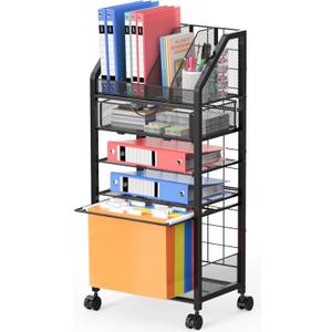 5 Tier Rolling File Cart with Drawer, Metal Office File Cart Organization with Sliding Trays, Teacher Carts with Wheels, Paper Letter Storage Hanging Files Folders for Workspace,Home,School Classroom