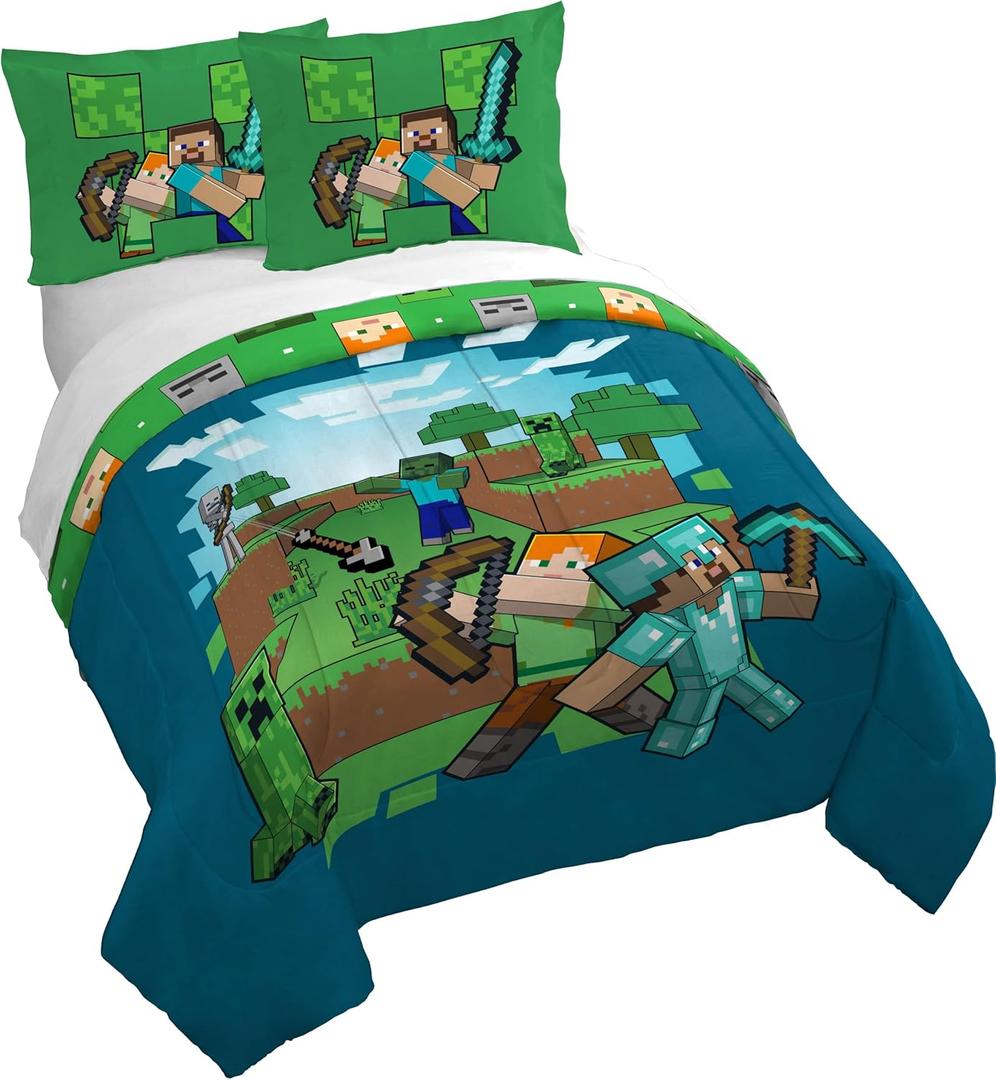 Jay Franco Duvet Cover Set 3 Piece Comforter Cover and Sham Set, Super Soft Cozy Kids Bedding (Insert Not Included) Blue - Minecraft, Queen