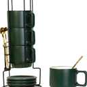 Coffee Mug Set of 4-11.5 Oz Porcelain Stackable Coffee Mugs with Saucers, Spoons & Metal Stand - Ceramic Tea Cups with Rack - Dishwasher & Microwave Safe
