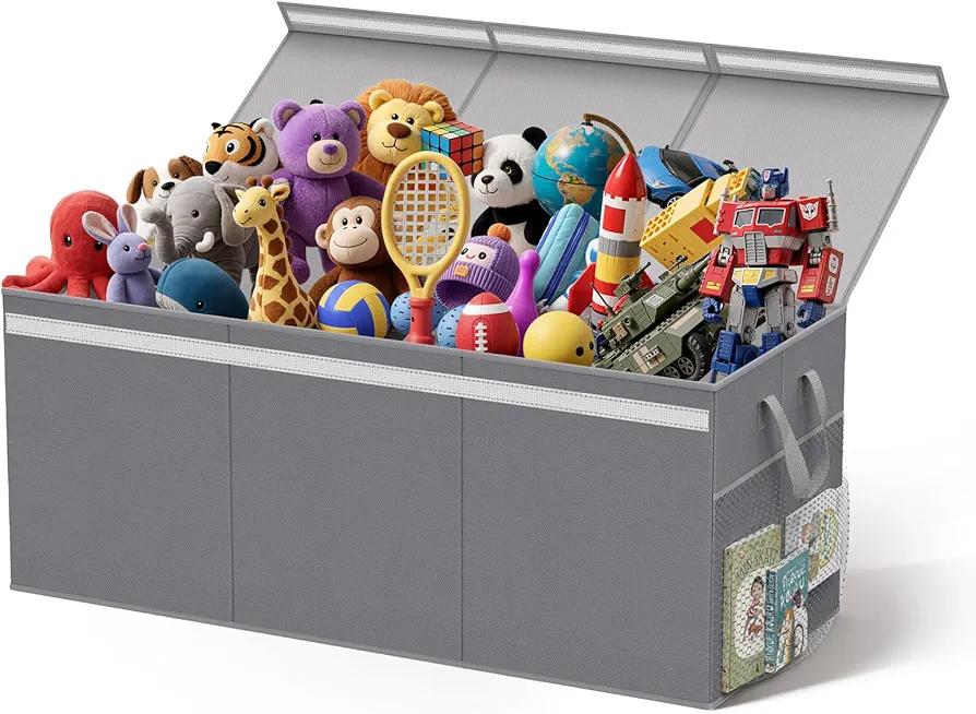 Lewondr Extra Large Toy Chest Storage Bin with Lids, 40"*16"*16" Collapsible Sturdy Toy Chest Storage Box for Boys, Girls, 3 Removable Dividers for Living Room, Playroom, Nursery, Bedroom, Grey