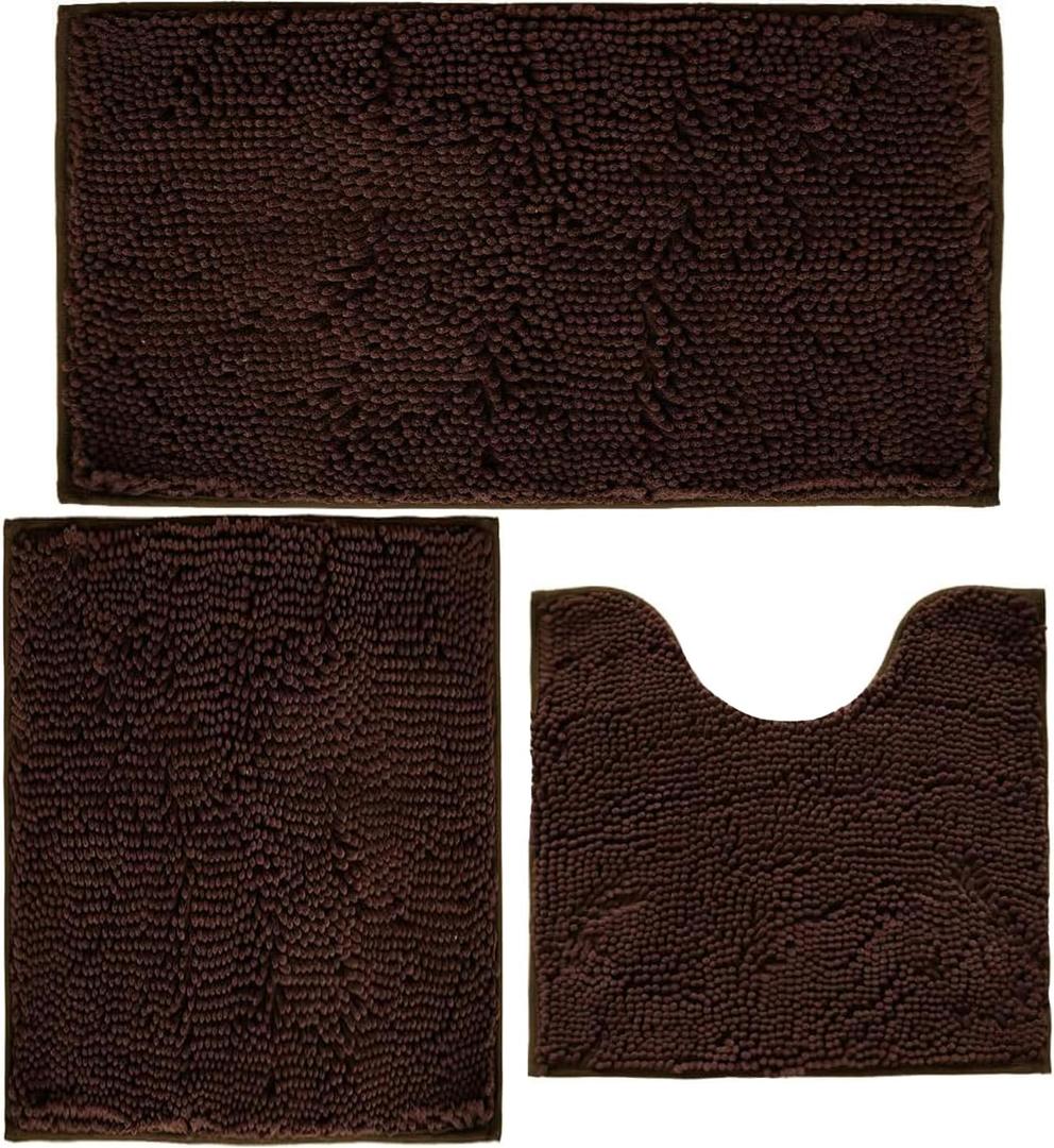 Bathroom Rugs Chenille Bath mat 3 Piece Set, Super Absorbent, Strong PVC Non Slip Backing, Bath mats for Bathroom, Plush Shaggy, Thick, Machine Washable, Bathtub, Shower, Toilet, Brown, 20''32''+16''24''+2020'' U Shape
