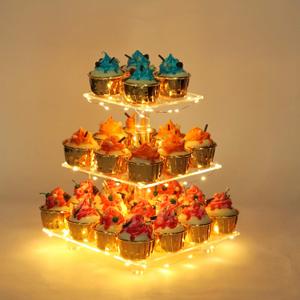 YestBuy 3 Tier Clear Square Cupcake Stand - Premium Cupcake Holder - Acrylic Cupcake Tower Display - Cady Bar Party Dcor + LED Light String - Ideal for Weddings, Birthday Parties (Yellow Light)