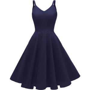 GOOBGS Women's 1950s Retro Vintage Spaghetti Strap Cocktail Swing Dresses with Pockets (Medium, A-navy Blue)