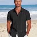 COOFANDY Men's Cuban Guayabera Shirt Short Sleeve Button Down Shirts Casual Summer Beach Linen Shirts (Black)