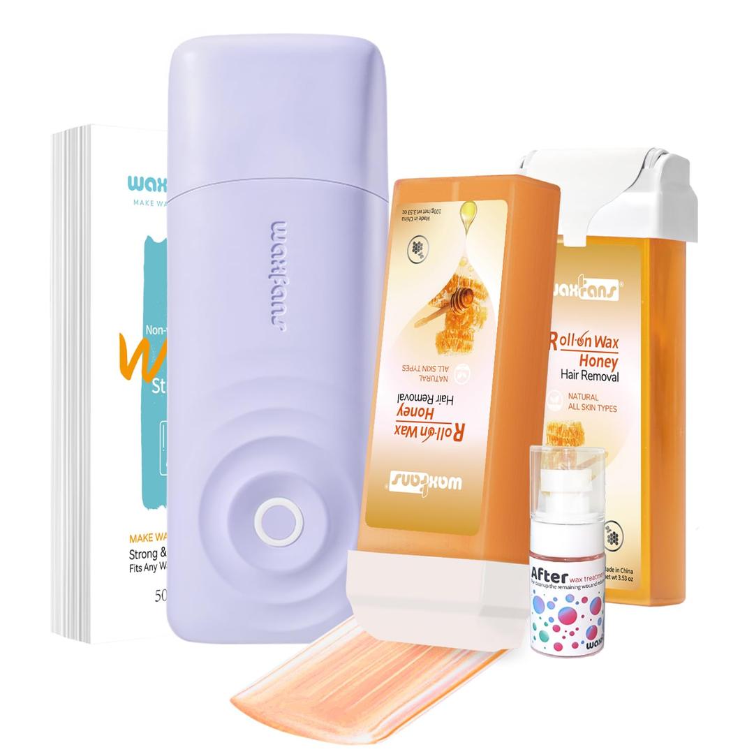 Waxfans Smart Wax Roller Kit, Roll On Wax Kit for Women & Men, Cera Para Depilar at Home Waxing Kit for Body and Legs Hair Removal, with 2 Wax Refills (Honey) & 50 Wax Strips, Easy & Smooth(Honey)
