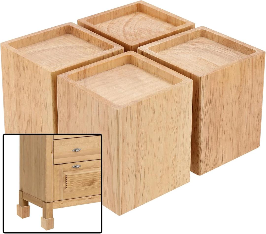 HOZEON 4 Pack 4 Inch Wood Bed Risers, Heavy Duty Furniture Risers, Wooden Furniture Lifters Square Bed Frame Lifters Extenders for Couch, Sofa, Bed, Chair, Dark Brown