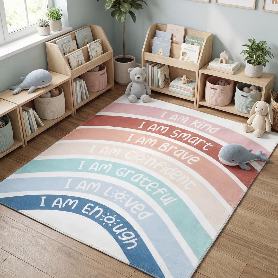 3.3 x 4 ft Calming Corner Classroom Rug Boho Rainbow Positive Affirmation Inspirational Corner Items Rug Educational Soft Fluffy Carpet Floor Mat for Nursery Homeschool Playroom Elementary
