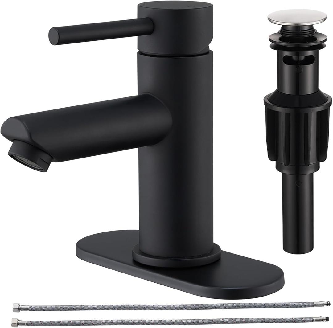 Bathroom Faucets with Pop Up Drain, Stainless Steel Single Handle Bathroom Sink Faucets with Water Faucet Supply Lines for Farmhouse RV Vanity(Matte Black)