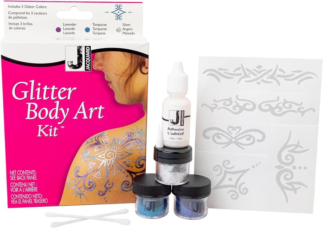 Jacquard Glitter Body Art Kit - Complete Glitter Tattoo Kit for Kids and Adults - Temporary Glitter Tattoos for Parties or Events - Glitter Tattoo Stencils 3 Jars of Glitter, Adhesive, & Instructions