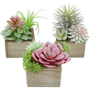 Mingfuxin Succulents Plants Artificial, Mini Assorted Green Fake Plants in Pots, Small Artificial Succulent Plant with Wood Potted for Bathroom Home Office Living Room Table Decor Indoor, Set of 3 (Symphony)