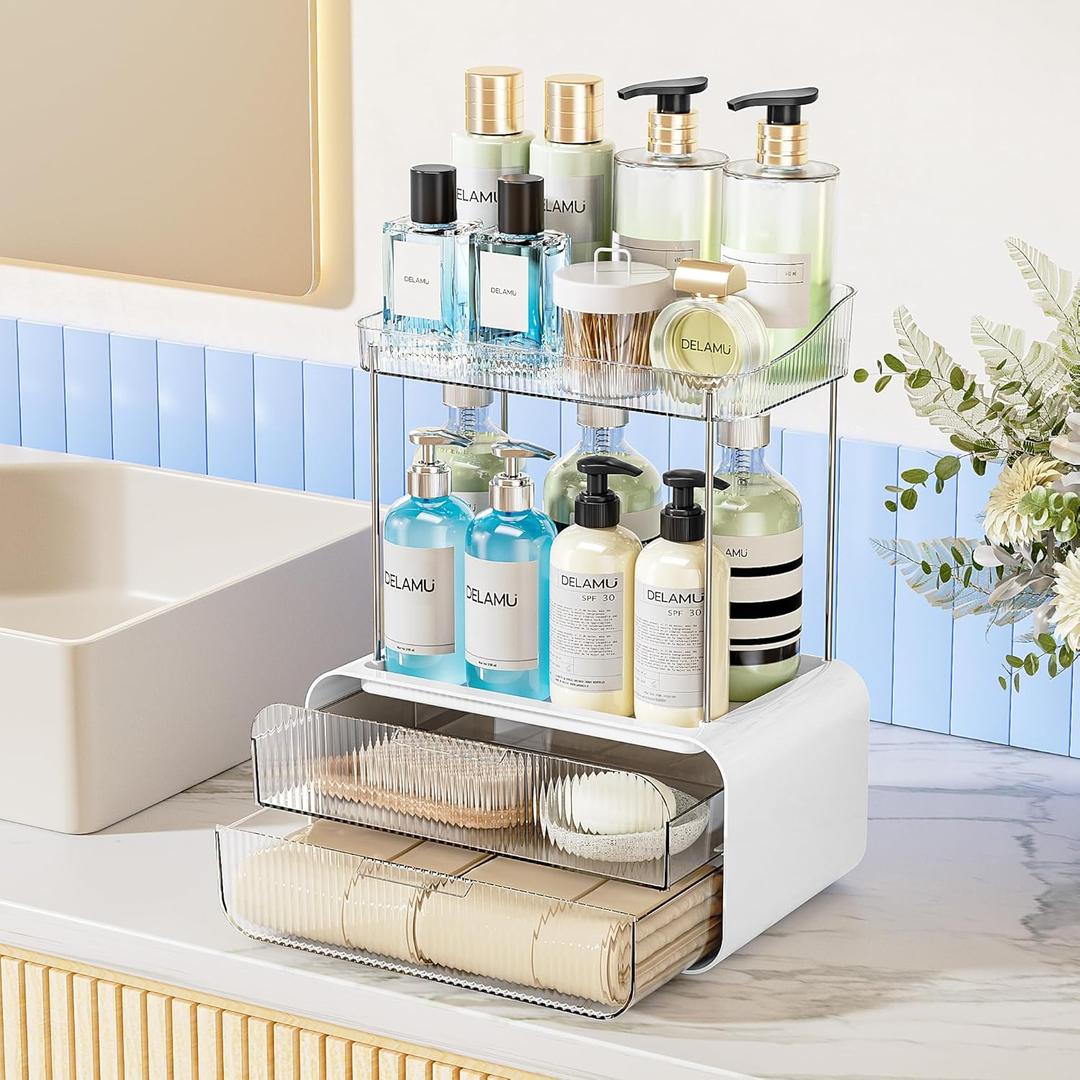 Delamu Bathroom Counter Organizer 2-Drawers 2-Tier Acrylic Makeup Organizer for Vanity Countertop, Skincare Perfume Storage, Easy Assembly, Ideal Gift for Women, Bath Linen Sets, Clear