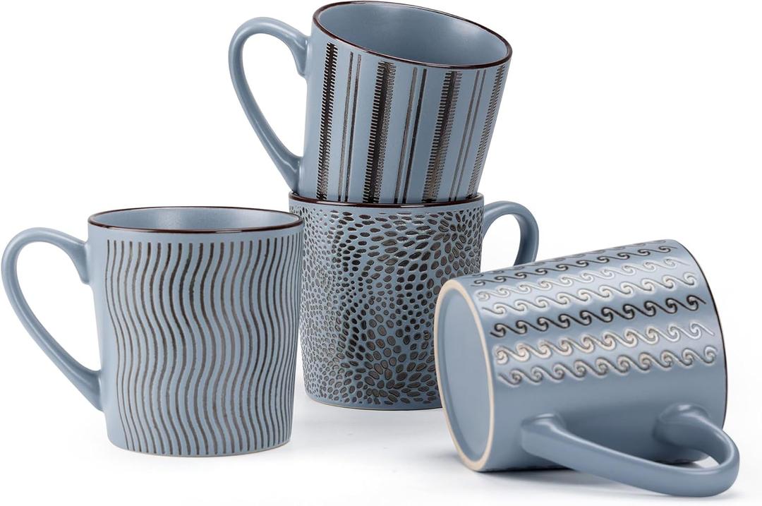 Calenzana 16 Ounce Coffee Mugs Set of 4, Ceramic Coffee Mug with 4 Different Patterns, Porcelain Coffee Cups with Handle for Cocoa Latte Cappuccino Tea, Navy Blue