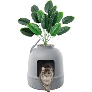 Lifewit Litter Box with Faux Plant & Scoop for Large Cat, Hidden Corner Enclosure Litter Tray with Odor Control & Carbon Filter in Living Room/Bedroom/Bathroom, Grey